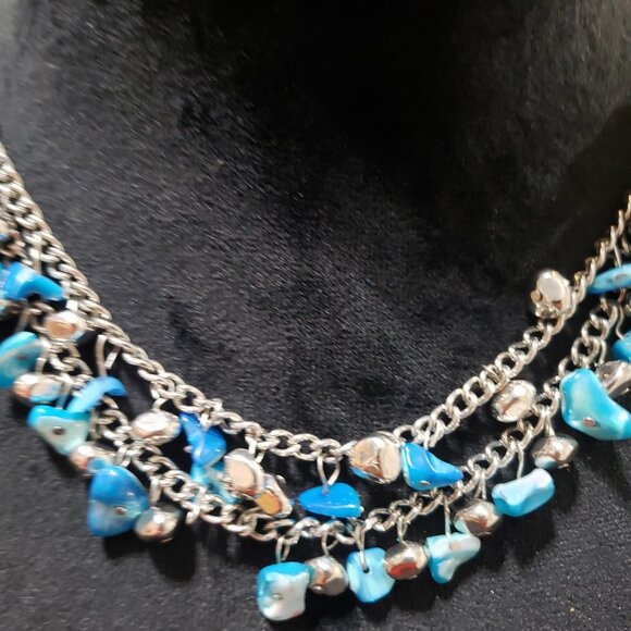 Womens Fashion Double Stranded  Silver Tone Chain Blue Beads Necklace with Lobst - Picture 5 of 6